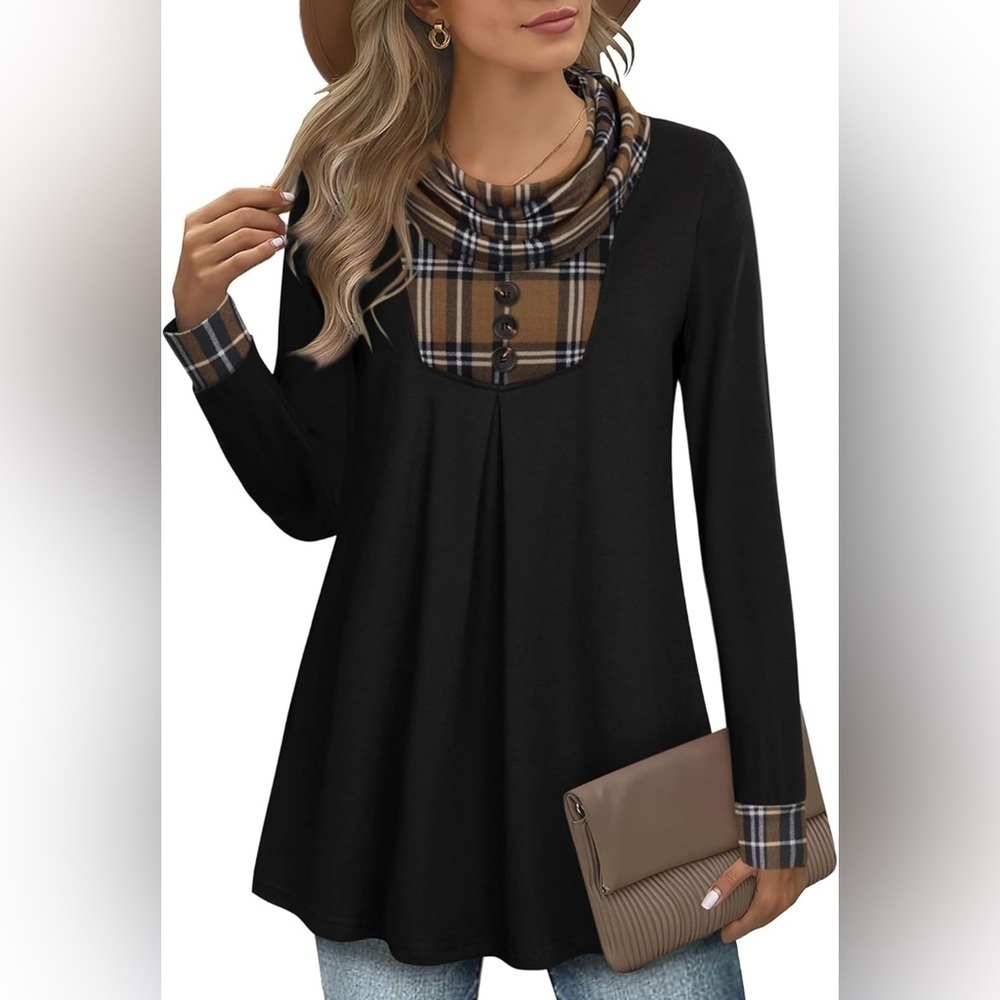 Timeson Women Top Small Black Brown Plaid Cowl Neck Long Sleeve Tunic NWT